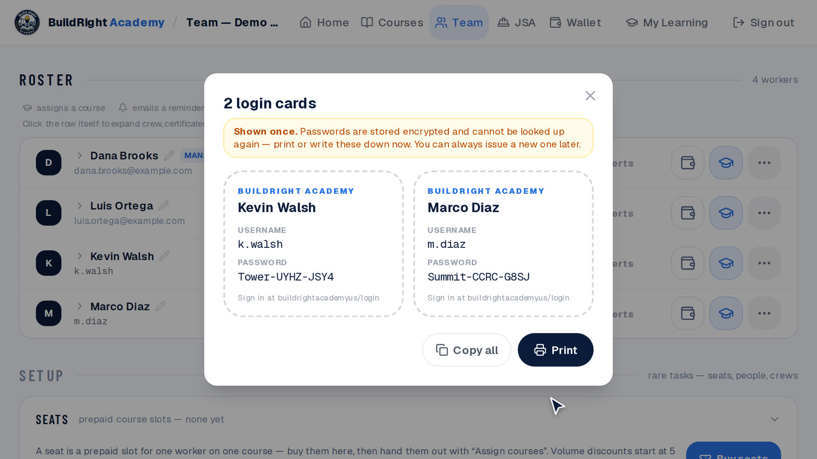 Printable login cards with username and password for two workers