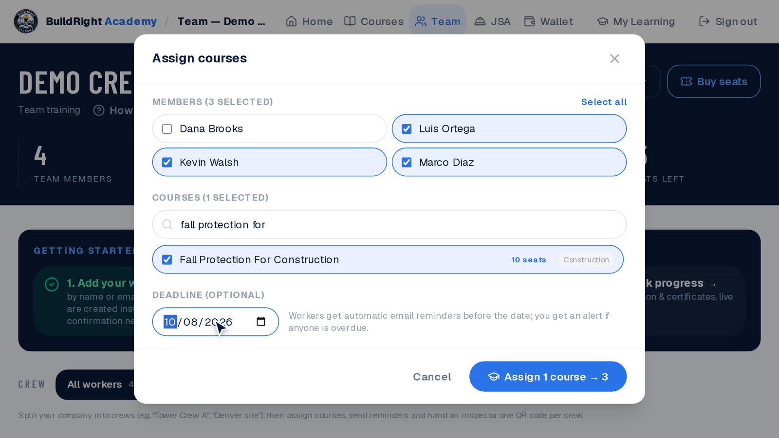 Assign courses window with three workers, one course and a deadline
