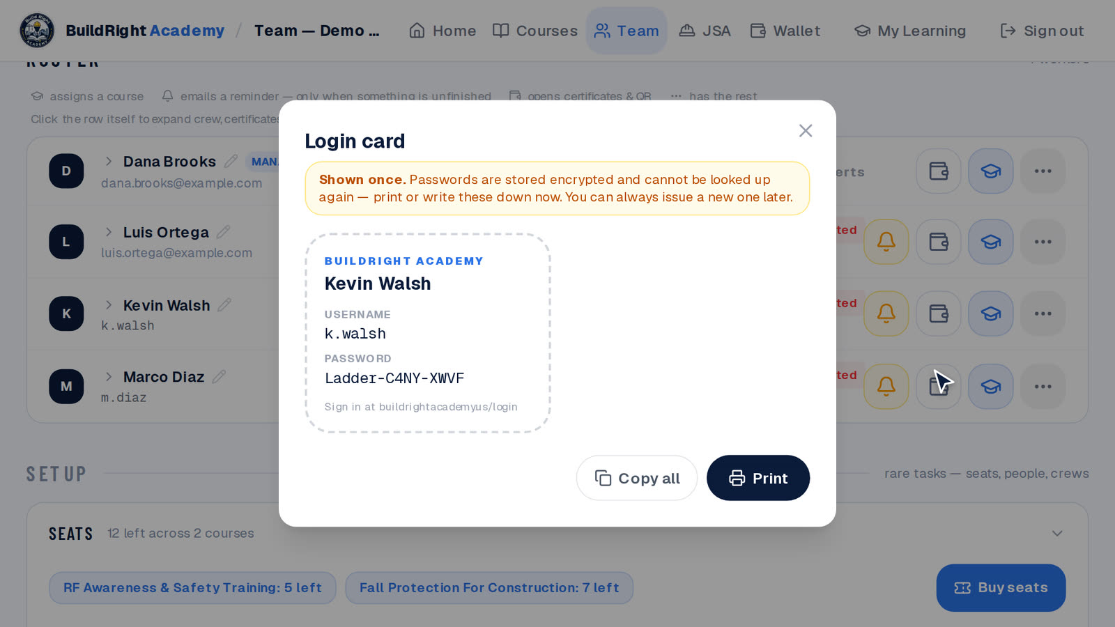 A fresh login card issued for one worker