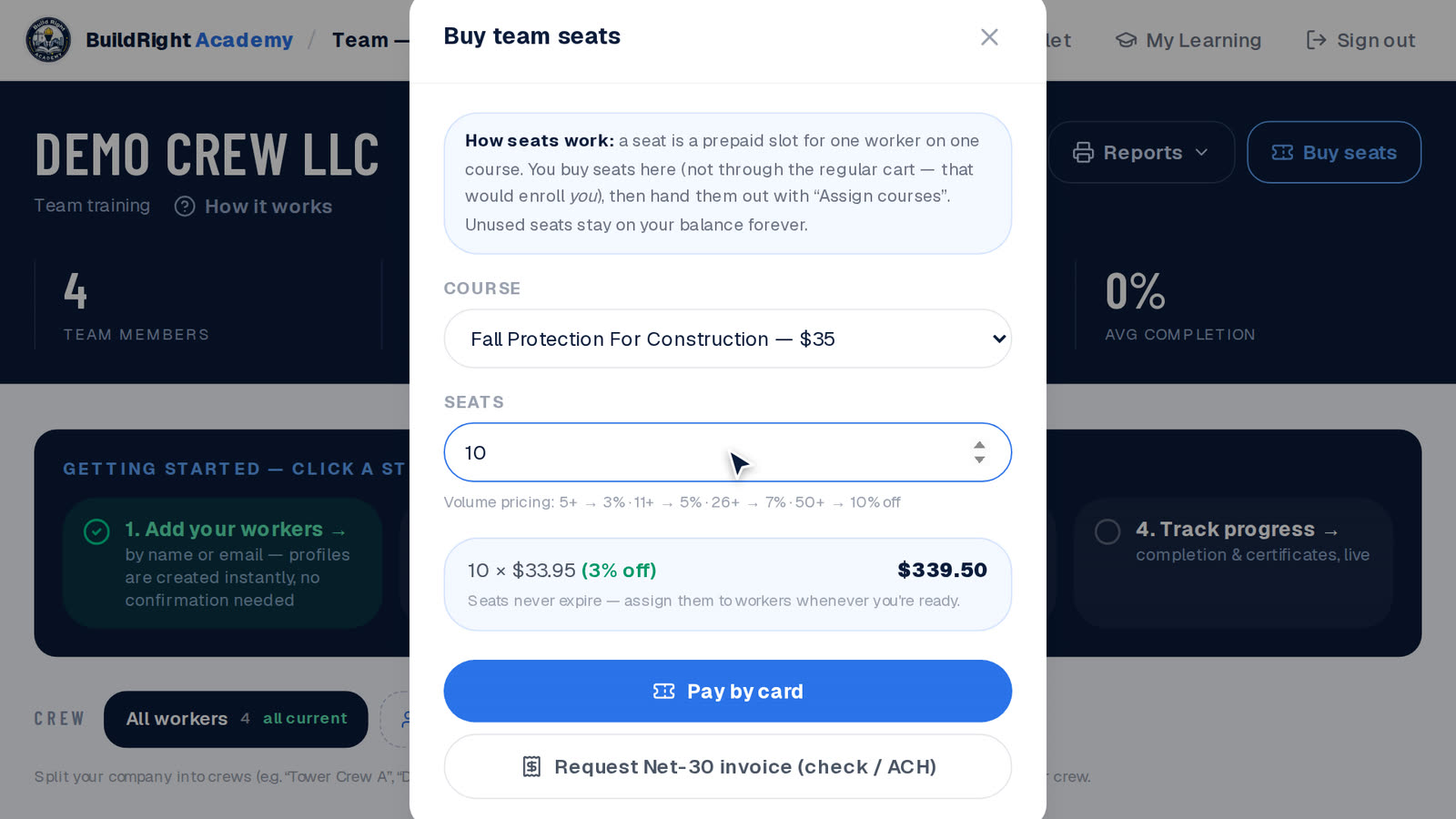 Buy team seats window with course, quantity, card payment and Net-30 invoice