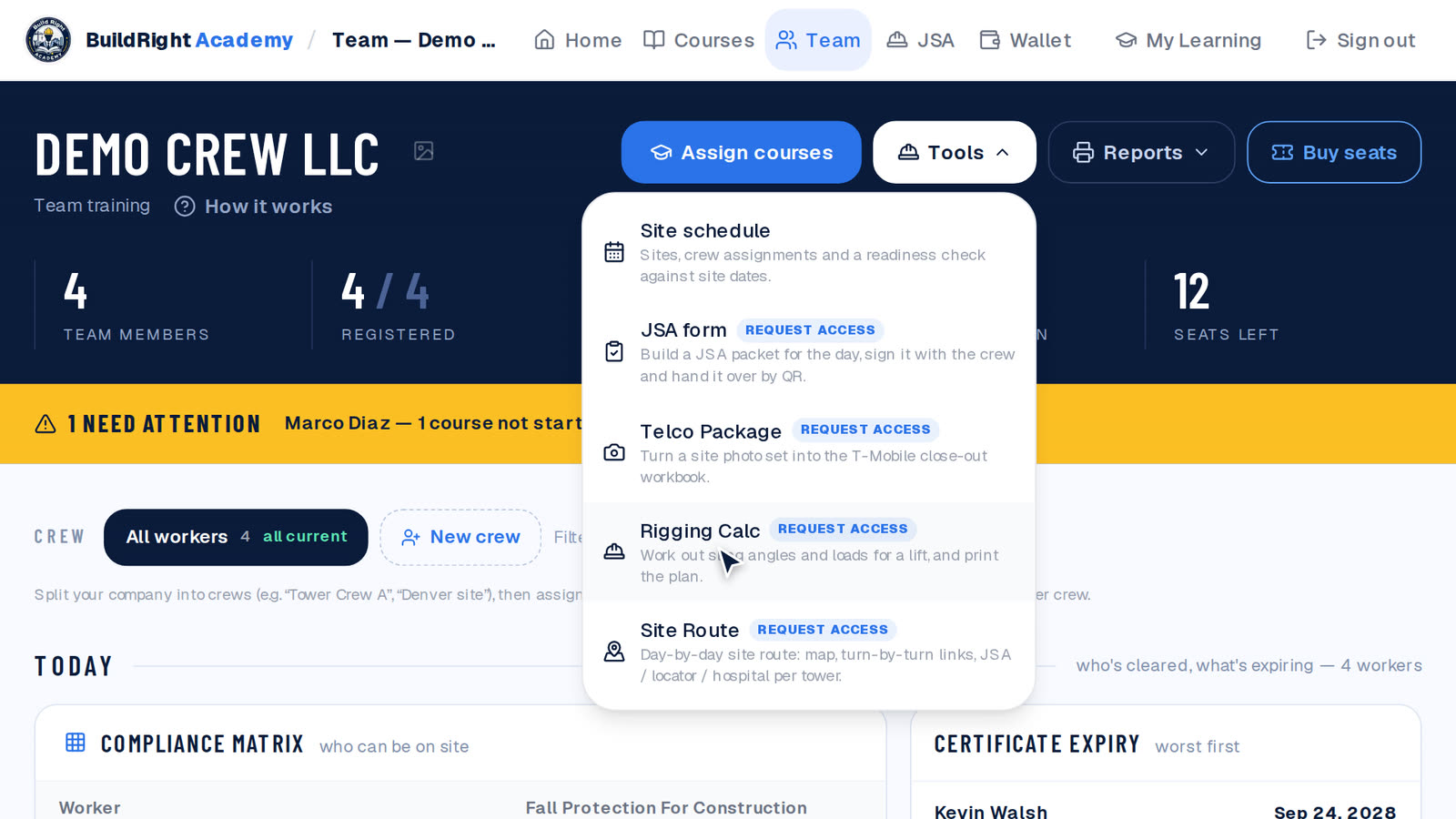 Tools menu with Request access on Rigging Calc, JSA form, Telco Package and Site Route